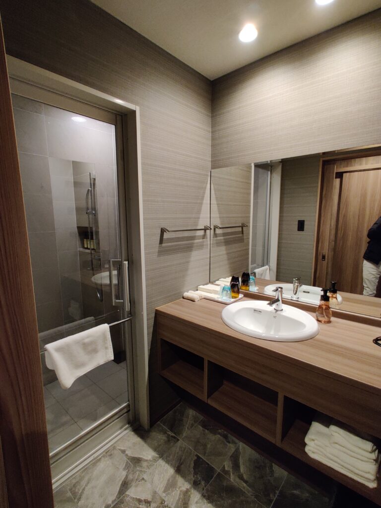 showing the shower and vanity area in the hotel room recommendation in Furano 