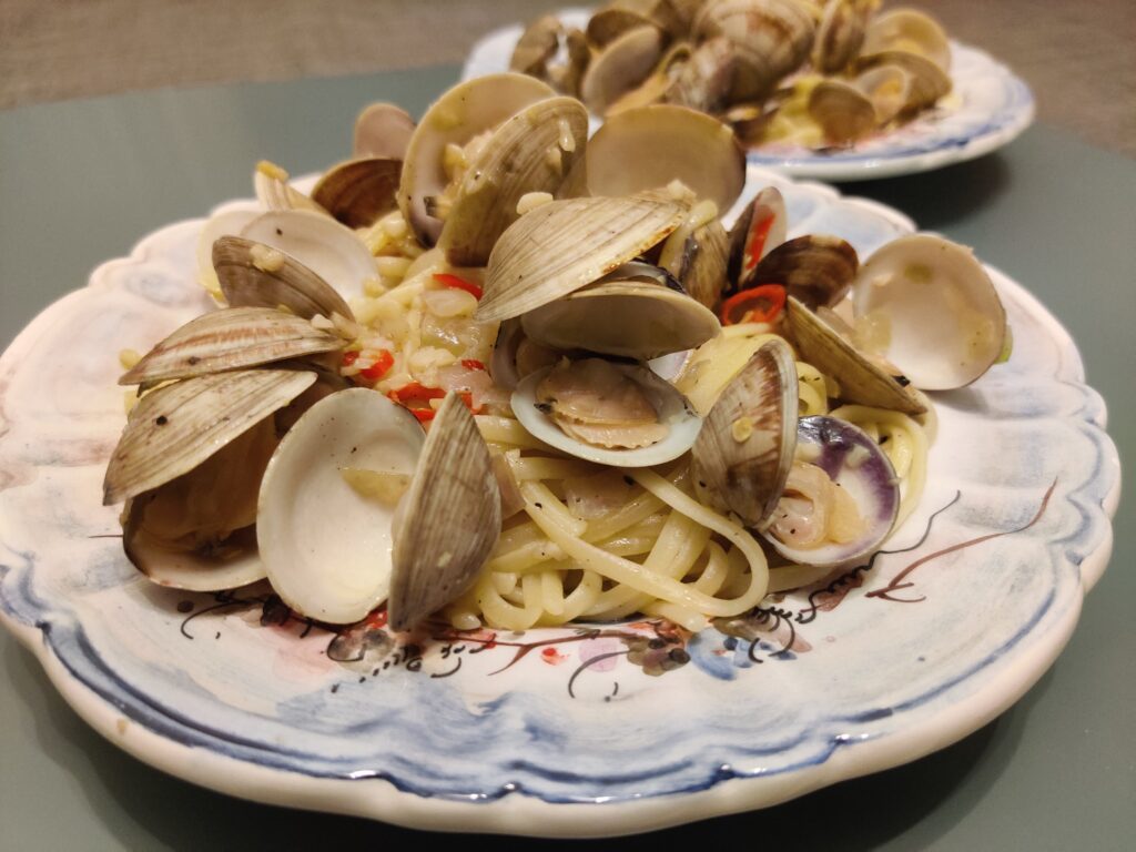 finished product, beer-steamed clams linguine