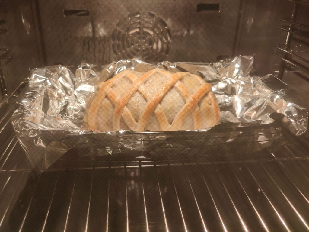 Baking the beef wellington in the oven 